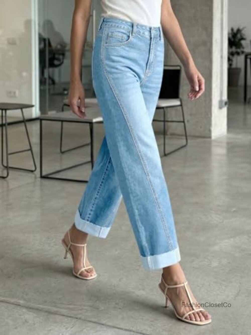 Cuffed Barrel Wide Leg Jeans High Rise Stretch Denim - Picture 2 of 6